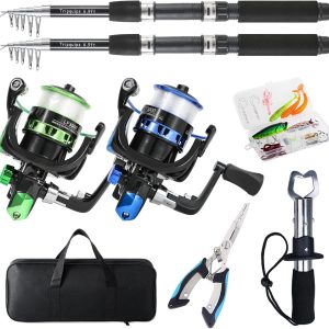 Fishing Rod, 2PCS Telescopic Fishing Rod and Reel Combo with Fishing Pliers and Lip Gripper, Pre-Loaded Spinning Reel Combo, Fishing Pole with Carrier Bag Fishing Gear