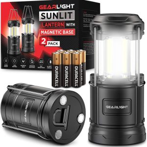 GearLight Camping Lantern - 2 Portable LED Battery Powered Lantern with Magnetic Base and Foldable Hook for Emergency Use or Campsites, Essential Hurricane Survival Kit with Batteries