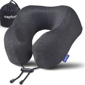 napfun Travel Pillow, Travel Accessories & Travel Essentials for Airplane Upgraded 100% Pure Memory Foam Travel Neck Pillow for Flight Headrest Sleep, Portable Plane Necessities, Full Black